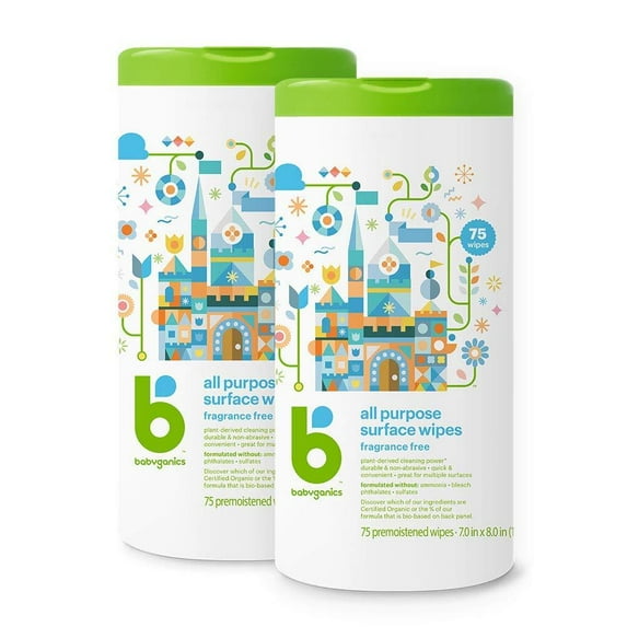 Babyganics All Purpose Surface Wipes, Fragrance Free, 75 Count (Pack of 2), Plant Based and Non-Abrasive, No Ammonia, No Bleach