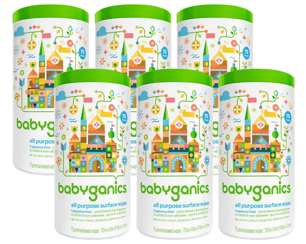 Babyganics All Purpose Surface Wipes, Fragrance Free, 75 Count Plant Based and Non-Abrasive, No Ammonia, No Bleach (Pack of 6)