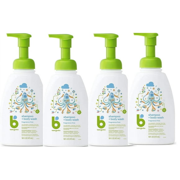 Babyganics Baby Shampoo & Body Wash - Pump Bottle, Fragrance Free, ,16 Fl Oz each. Pack of 4.