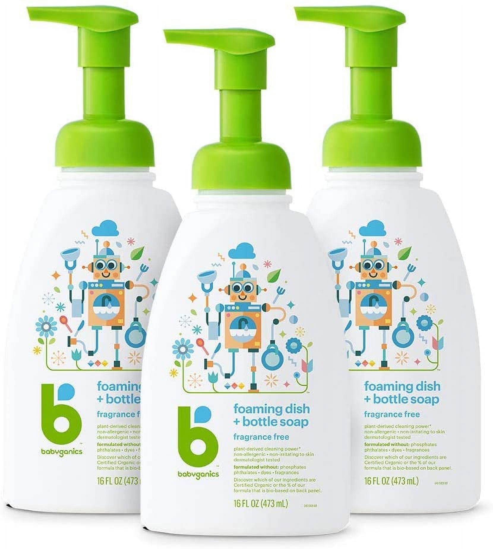 Babyganics Foaming Dish & Bottle Soap, Pump Bottle, Fragrance Free, 16oz, 3 Pack, Packaging May Vary