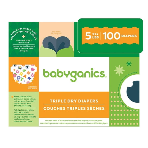 BabyGanics Size 5 diapers, 100 count, absorbent breathable Triple Dry Protection