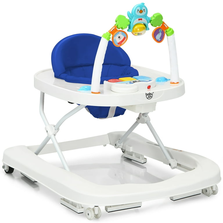 Babyjoy 2 in 1 Foldable Baby Walker with Adjustable Heights Detachable Toy Tray Blue