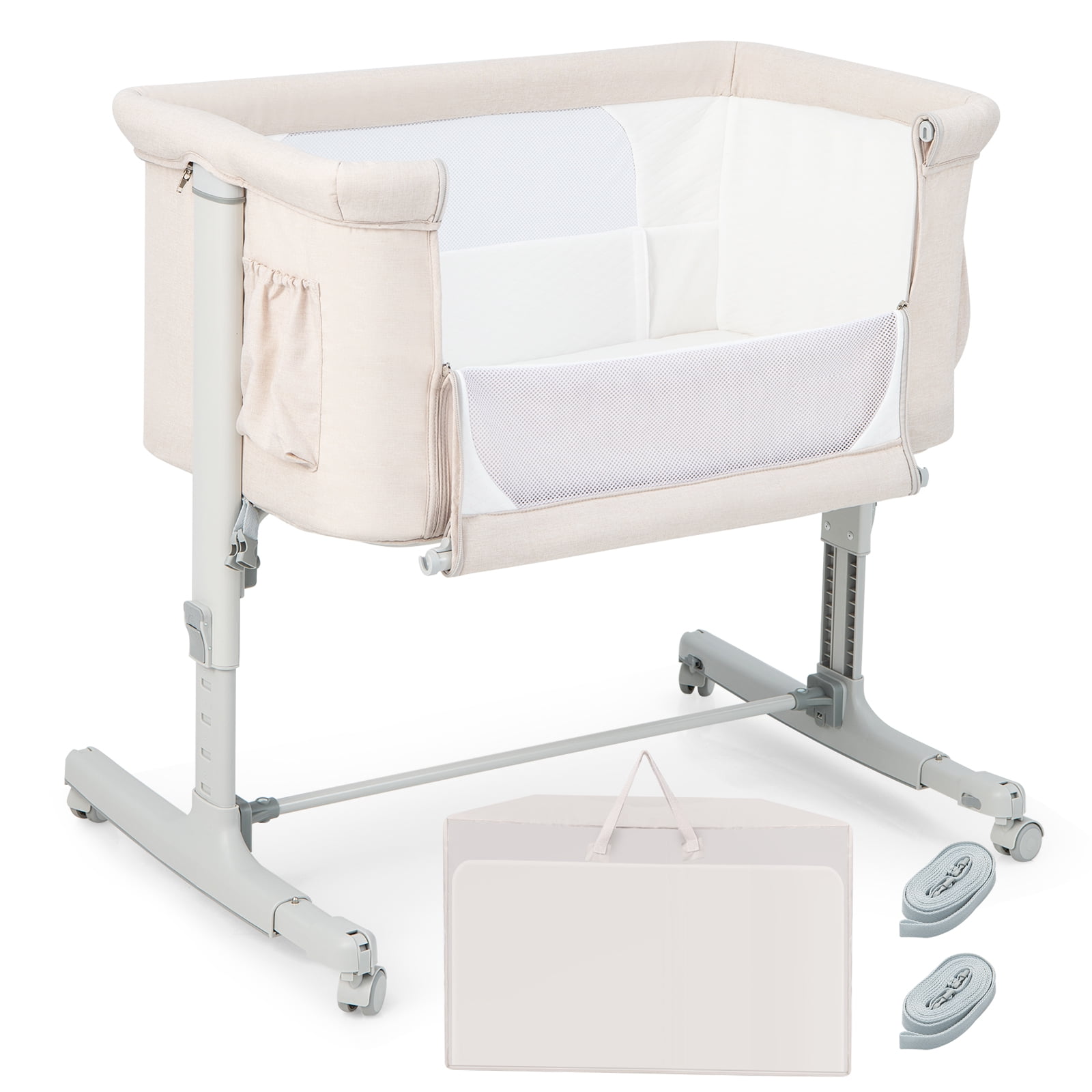 Babyjoy 3-in-1 Baby Bassinet Beside Sleeper Crib with 5-Level Adjustable Heights Beige