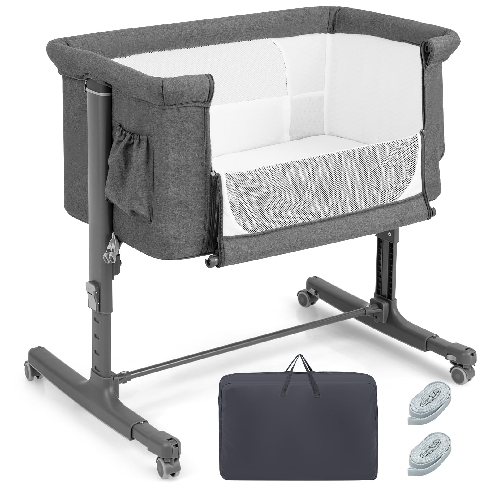 Babyjoy 3-in-1 Baby Bassinet Beside Sleeper Crib with 5-Level Adjustable Heights Gray