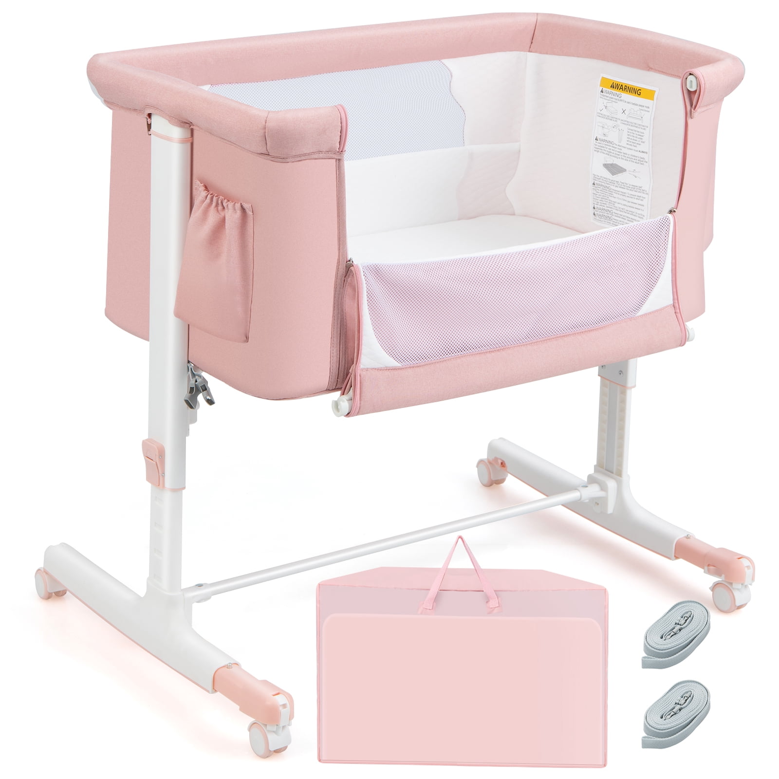 Babyjoy 3-in-1 Baby Bassinet Beside Sleeper Crib with 5-Level Adjustable Heights Pink