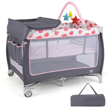 Babyjoy 3 in 1 Baby Playard Portable Infant Nursery Center with Zippered Door Pink & White