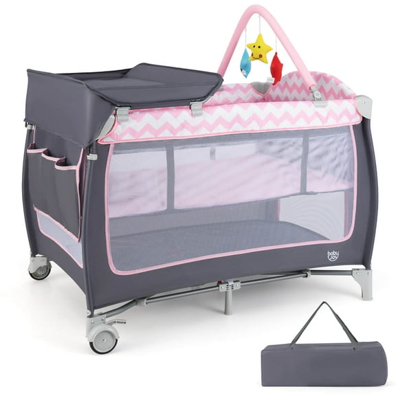 Babyjoy 3 in 1 Baby Playard Portable Infant Nursery Center with Zippered Door Pink
