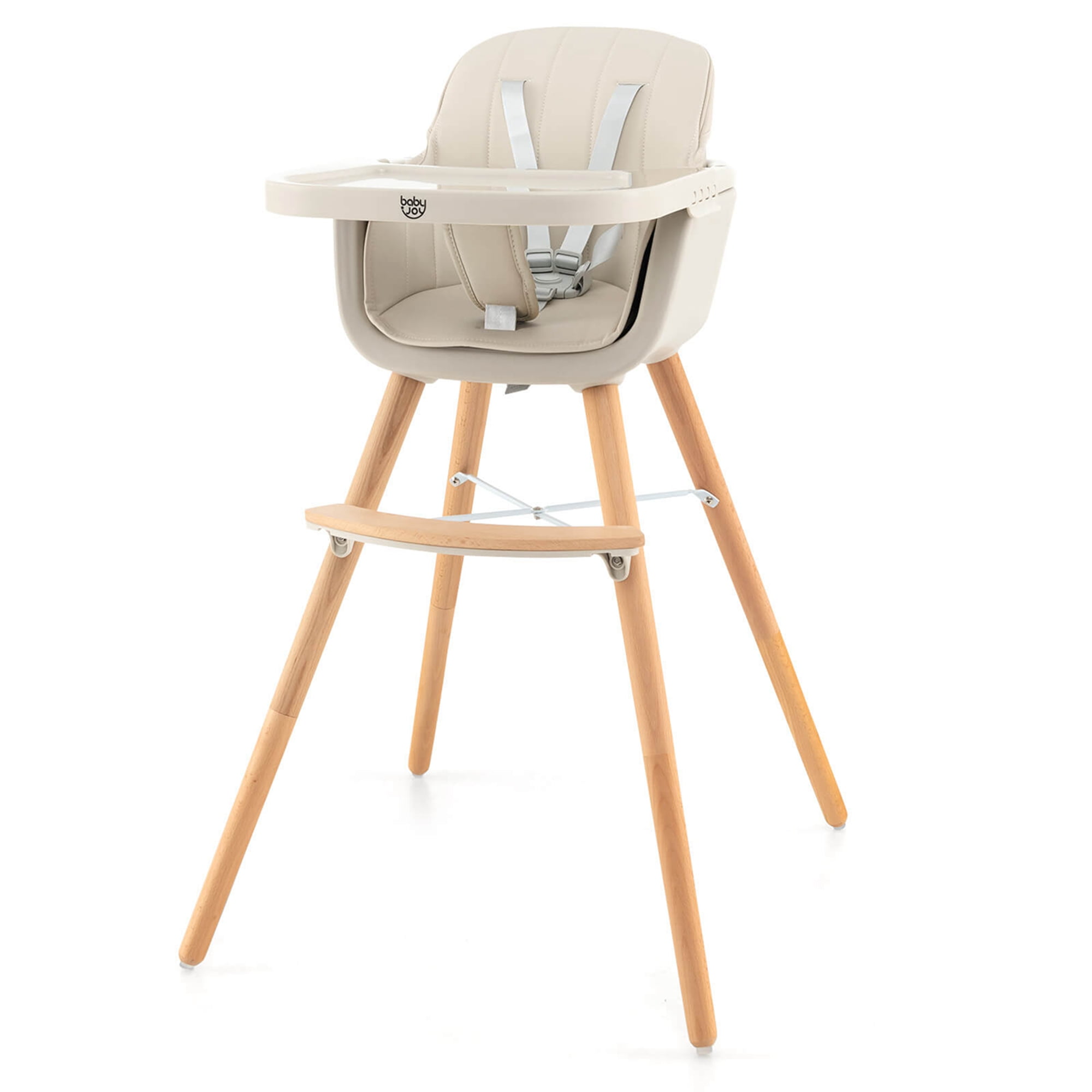Babyjoy 3 in 1 Convertible Wooden High Chair Toddler Feeding Chair with Cushion Beige