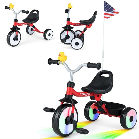 Costway 3-in-1 Kids Tricycle with Lighted Wheels Folding Toddler Trike with Adjustable Seat Red