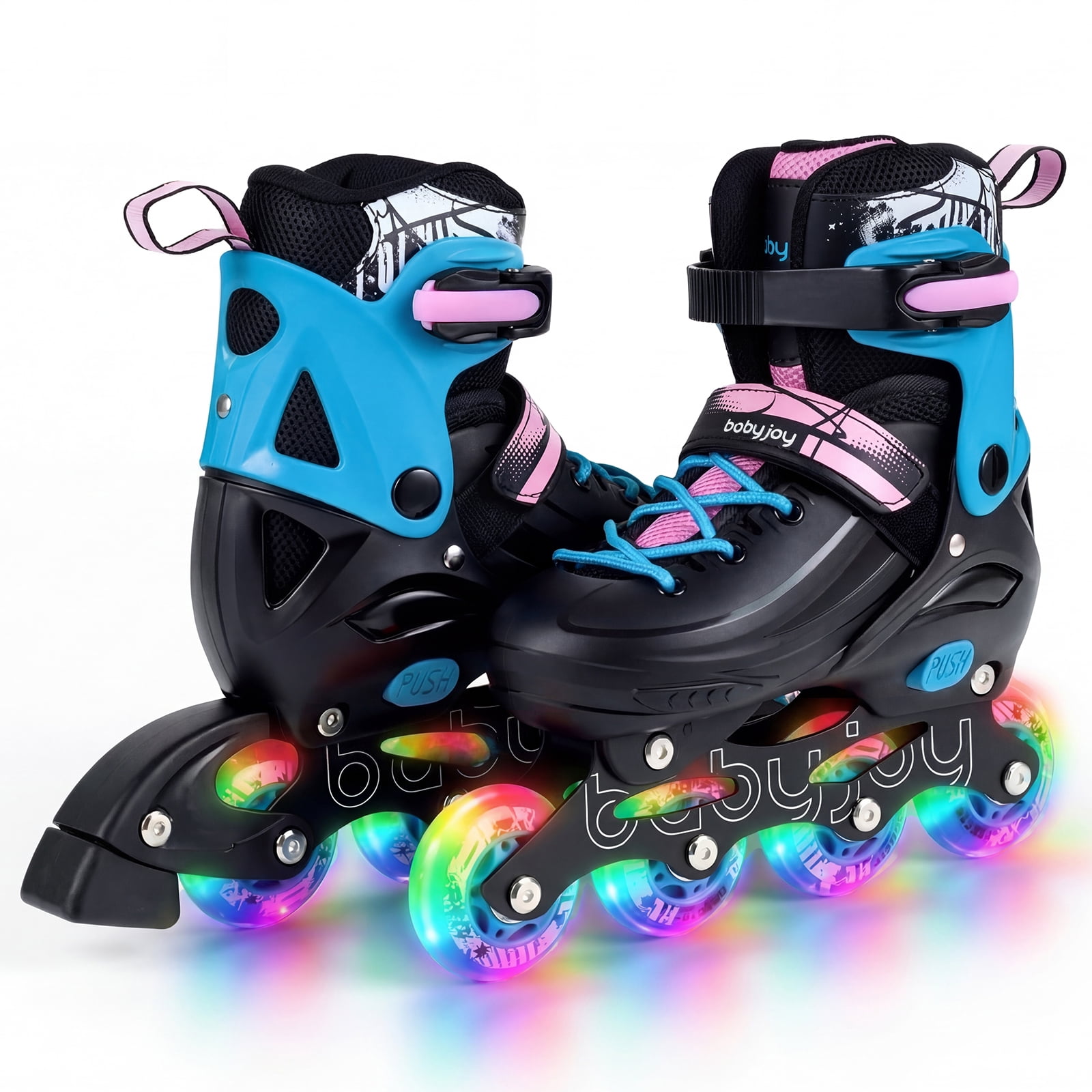 Babyjoy 4-Size Adjustable Light-Up Roller Skates with Illuminating Wheels & Safety Support Black