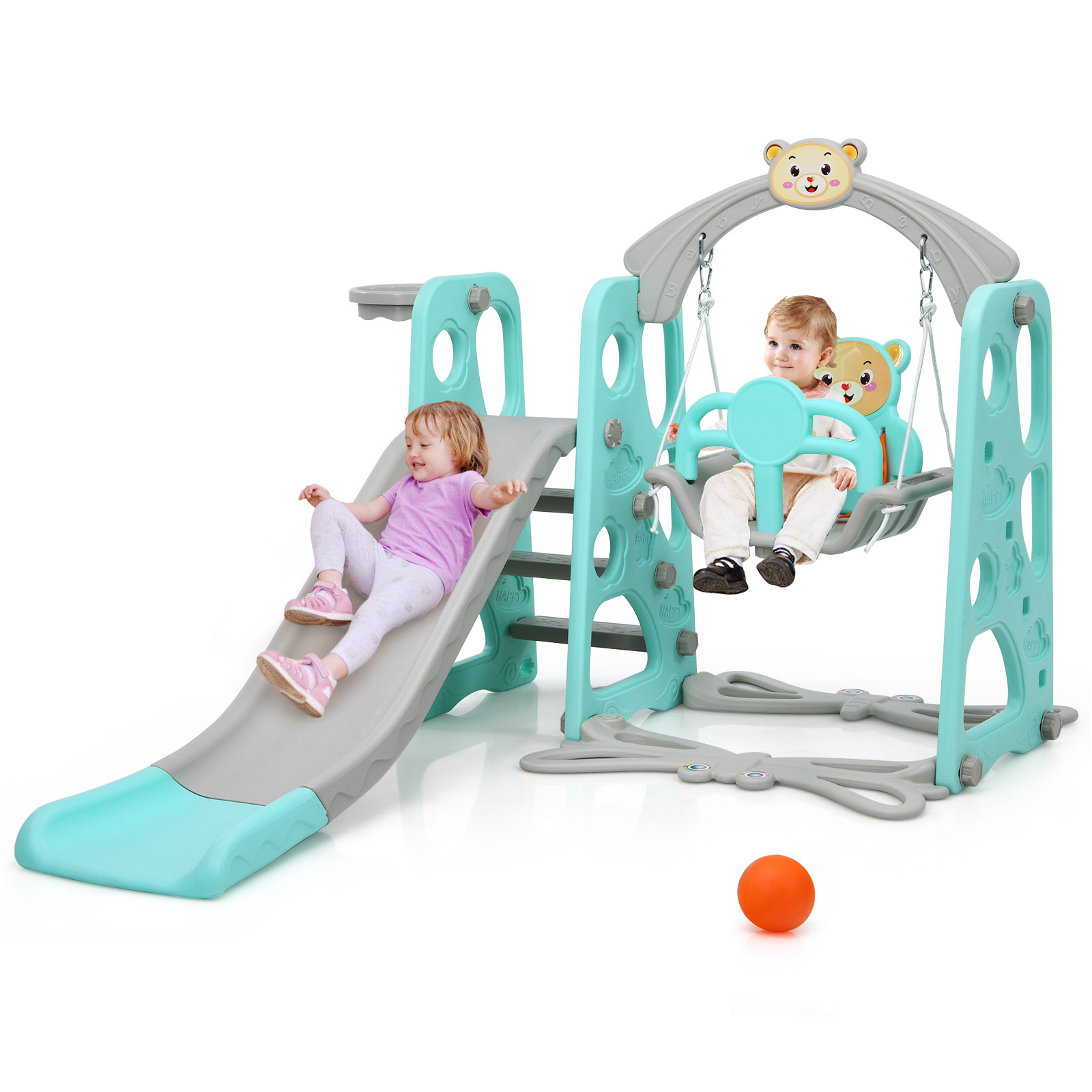 Babyjoy 4-in-1 Toddler Climber and Swing Set w/ Basketball Hoop & Ball Green - image 1 of 10