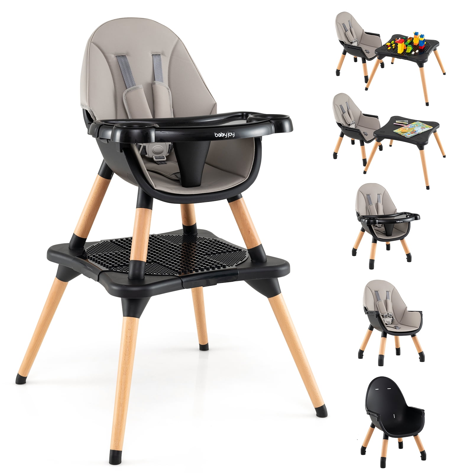 Babyjoy 6 in 1 High Chair Convertible Highchair for Babies & Toddlers with 5-Point Harness Black