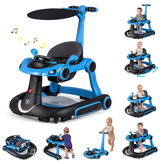 Babyjoy 6-in-1 Baby Walker with Canopy, Music, Lights, Speed/Height Adjustment & Wheels Blue + Black