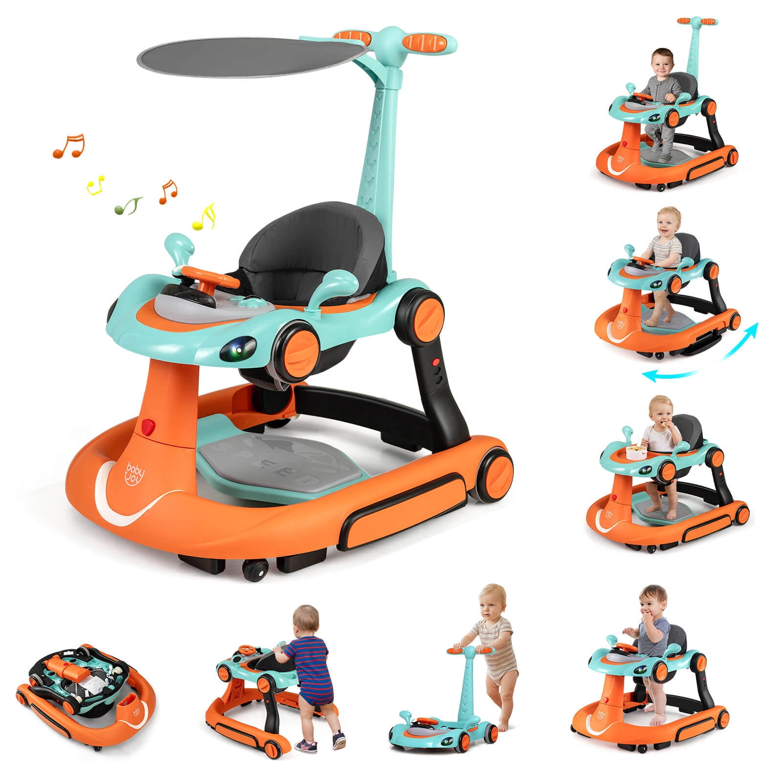 Babyjoy 6-in-1 Baby Walker with Canopy, Music, Lights, Speed/Height Adjustment & Wheels Green + Orange