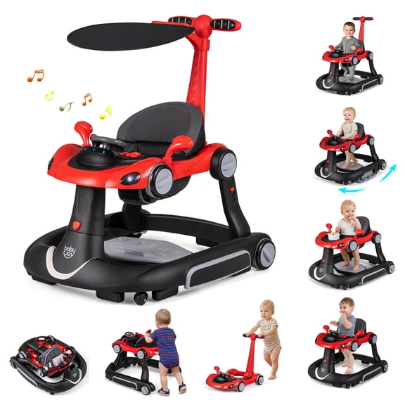 Babyjoy 6-in-1 Baby Walker with Canopy, Music, Lights, Speed/Height Adjustment & Wheels Red + Black