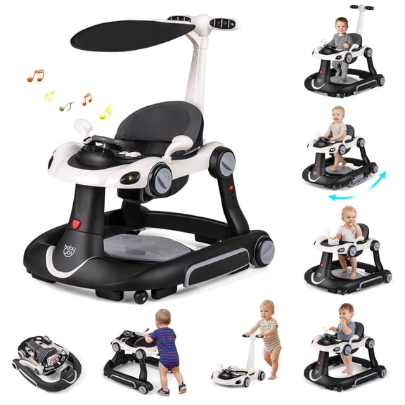 Babyjoy 6-in-1 Baby Walker with Canopy, Music, Lights, Speed/Height Adjustment & Wheels White + Black
