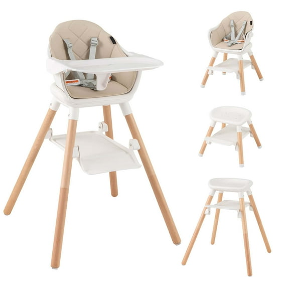 Costway 6-in-1 Convertible Wooden Baby Highchair Infant Feeding Chair with Removable Tray Beige