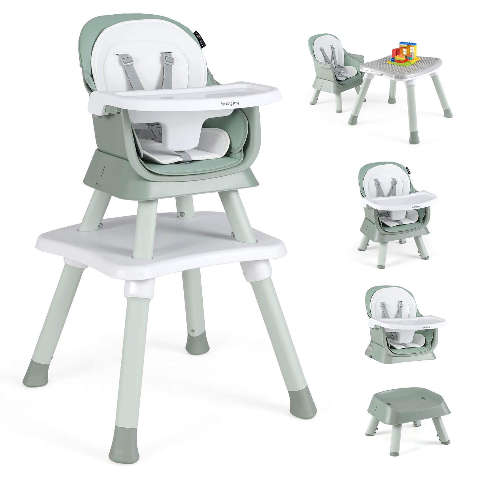 Babyjoy 8-in-1 Baby High Chair with  Double-layer Cushions Multifunctional Toddler Green