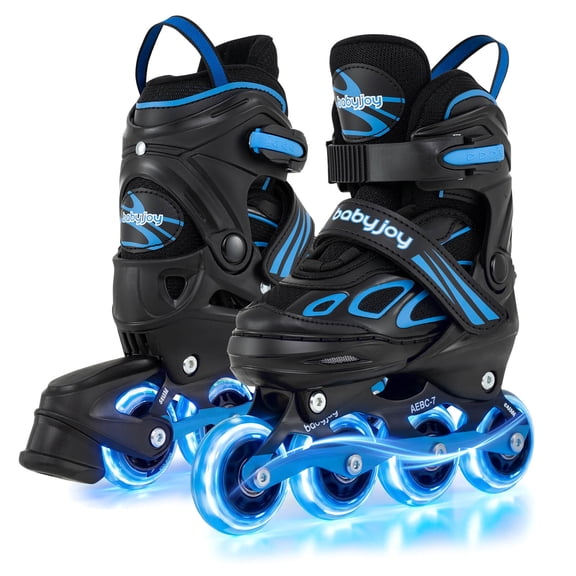 Babyjoy Adjustable Kids’ Inline Skates Ages 9-14 4 Sizes Adjustable Blade Roller with Light-up Wheels Blue & Black
