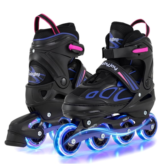 Babyjoy Adjustable Kids’ Inline Skates Ages 9-14 4 Sizes Adjustable Blade Roller with Light-up Wheels Purple & Black