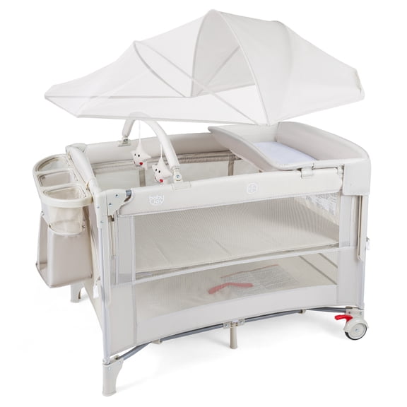 Babyjoy Baby Bassinet Bedside Crib with Changing Table Mattress Detachable Canopy Basket Beige