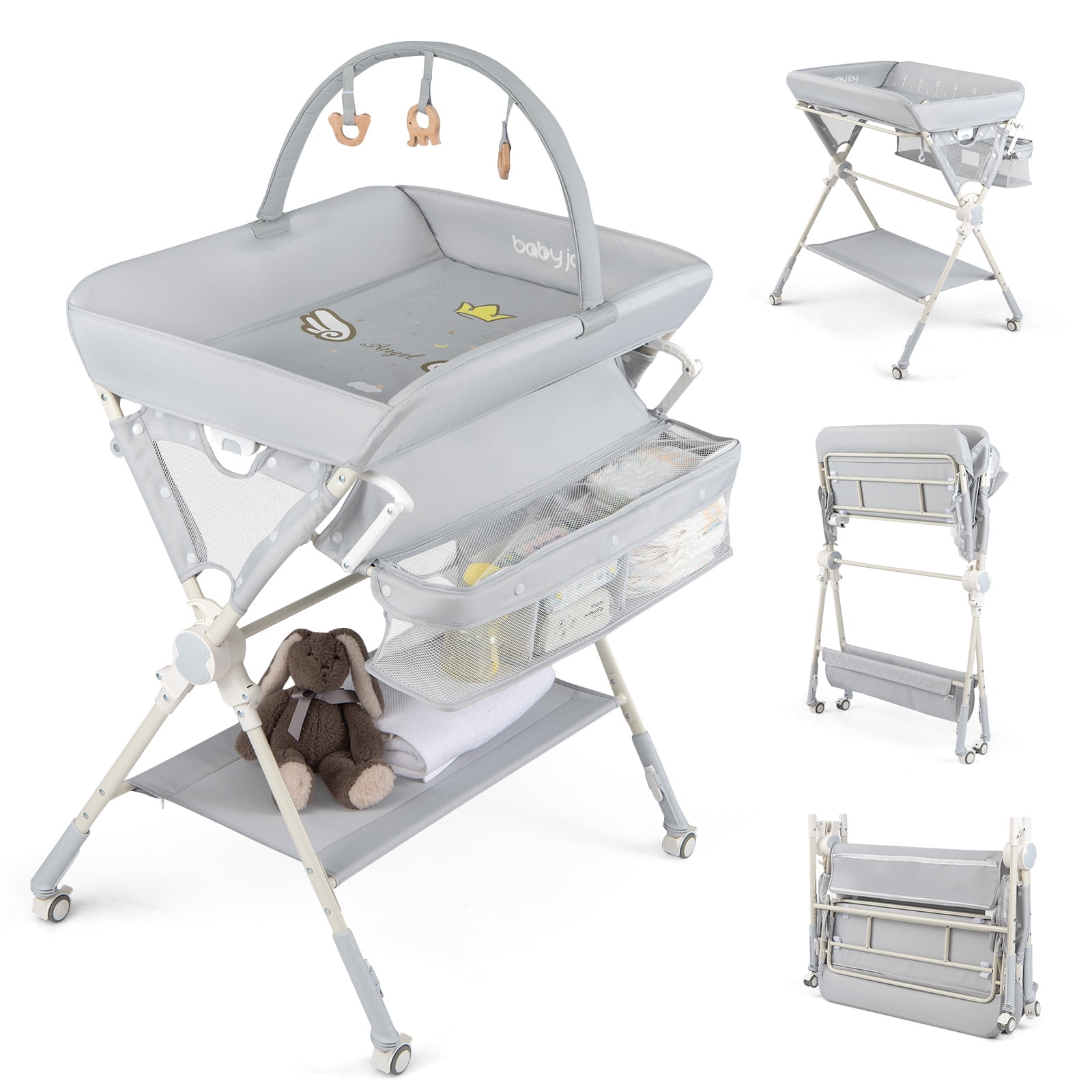 Babyjoy Baby Changing Table, Foldable Diaper Changing Station with Storage Bag & Shelf Gray