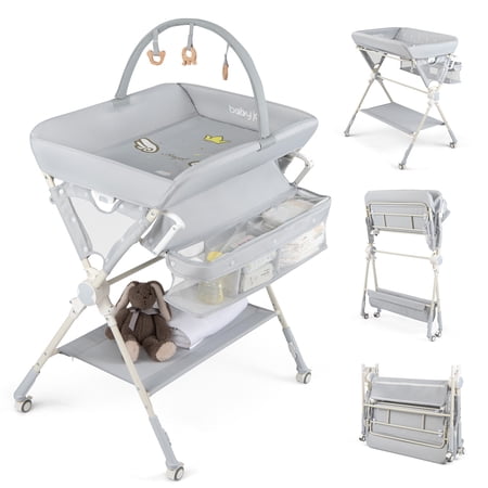 Babyjoy Baby Changing Table, Foldable Diaper Changing Station with Storage Bag & Shelf Gray
