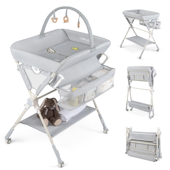 Babyjoy Baby Changing Table, Foldable Diaper Changing Station with Storage Bag & Shelf Gray