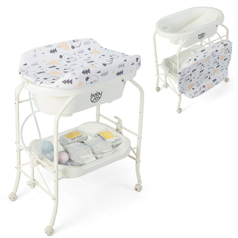 Babyjoy Baby Changing Table with Bathtub, Folding & Portable Diaper Station  with Wheels White