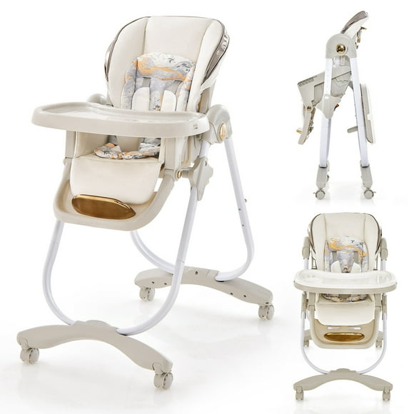 Babyjoy Baby High Chair with Wheel Folding Baby Dining Chair Adjustable Height & Recline Grey