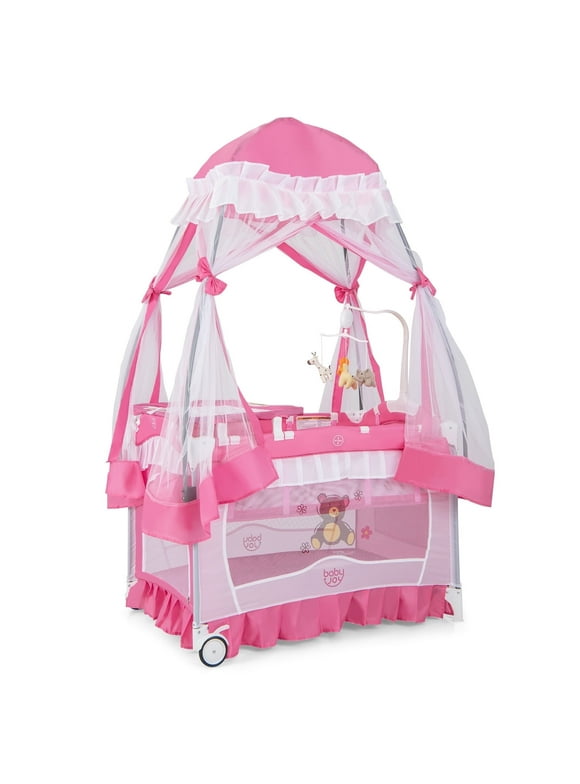 Babyjoy Baby Playard Crib Bed 4 in 1 Portable with Changing Table Canopy Music Box Pink