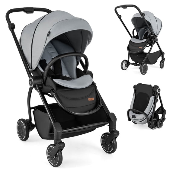 Costway Baby Stroller Foldable Infant Pram Stroller with Reclining Backrest Handle Gray