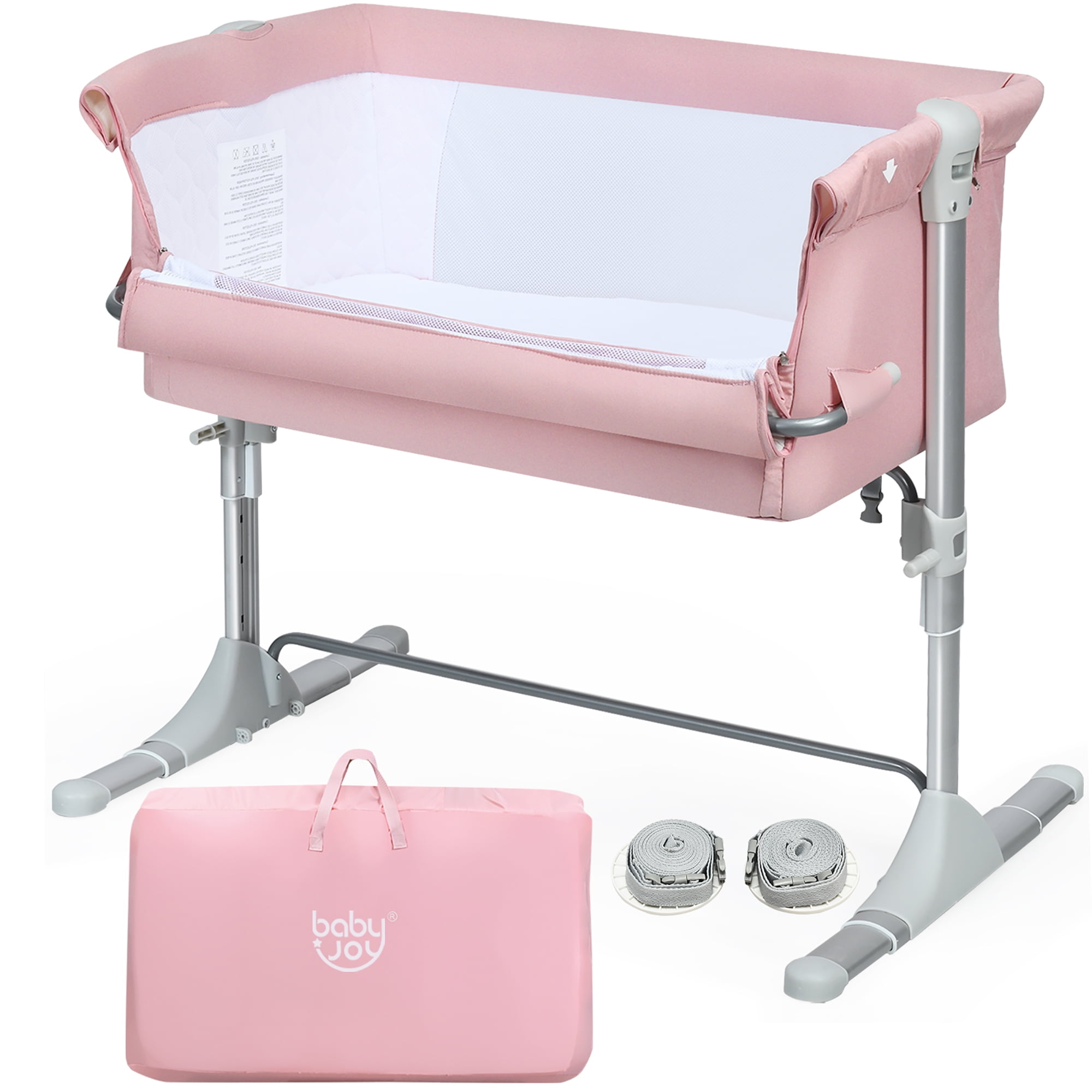 Babyjoy Bedside Crib Sleeper with Adjustable Height and Tilt Breathable Mesh Pink 0 18 Months Carrying Bag Included Walmart
