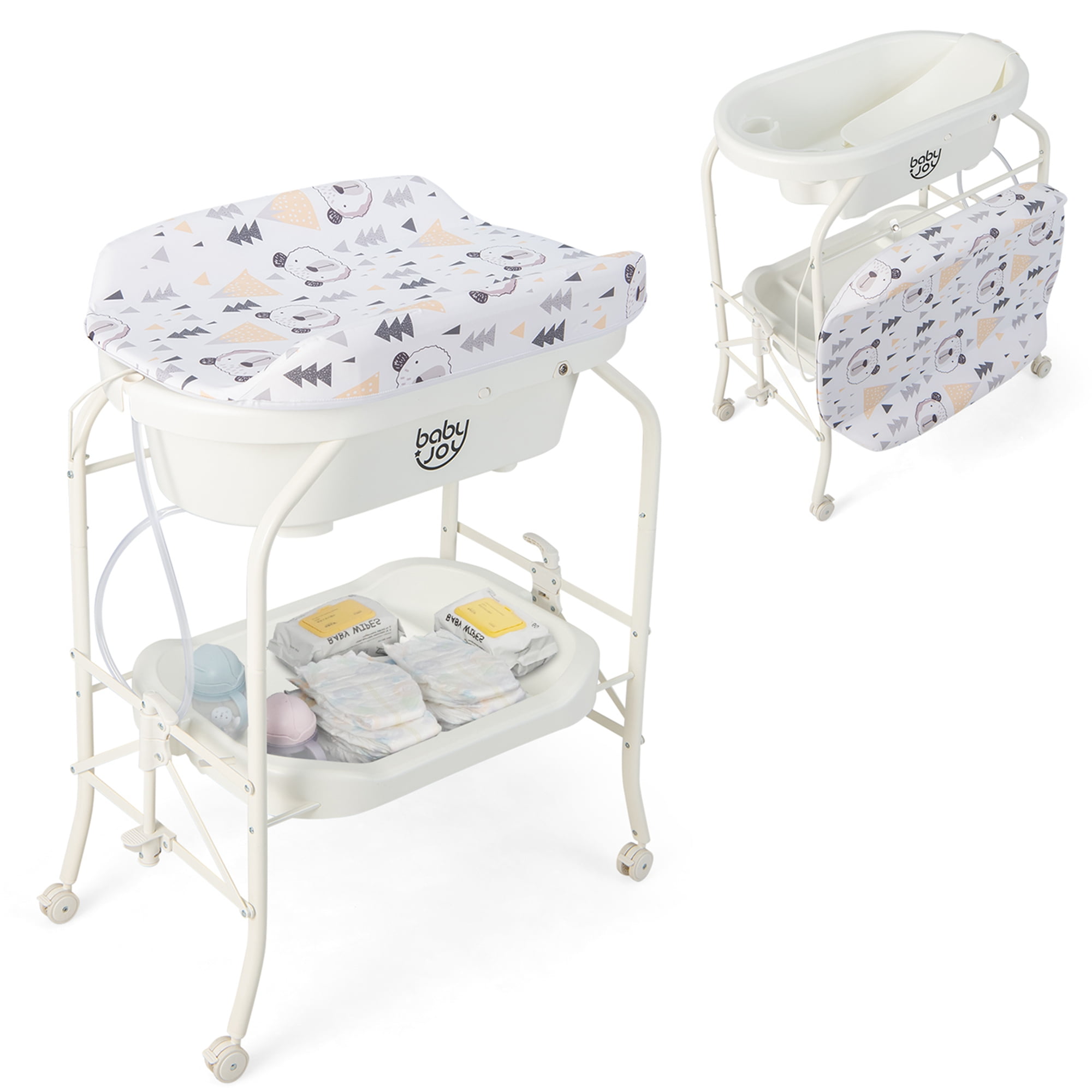 Babyjoy Changing Table with Bathtub Folding Portable Diaper Station Steel 0-12 Months White