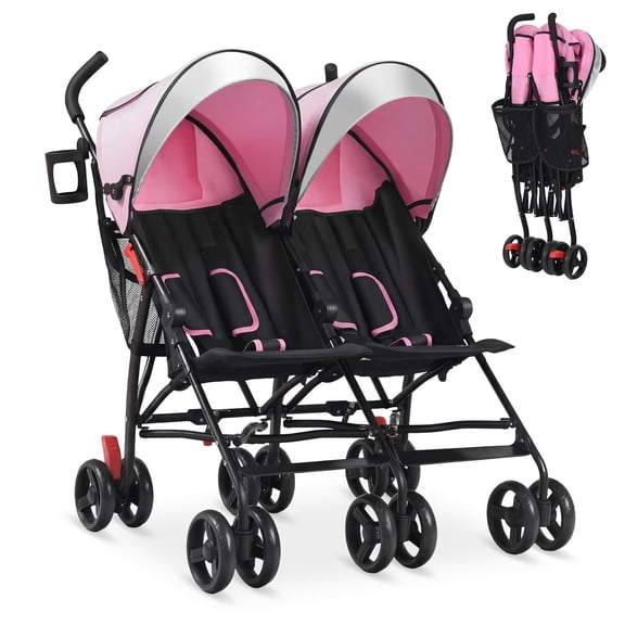 Costway Foldable Twin Baby Double Stroller Ultralight Umbrella Stroller Pushchair Pink
