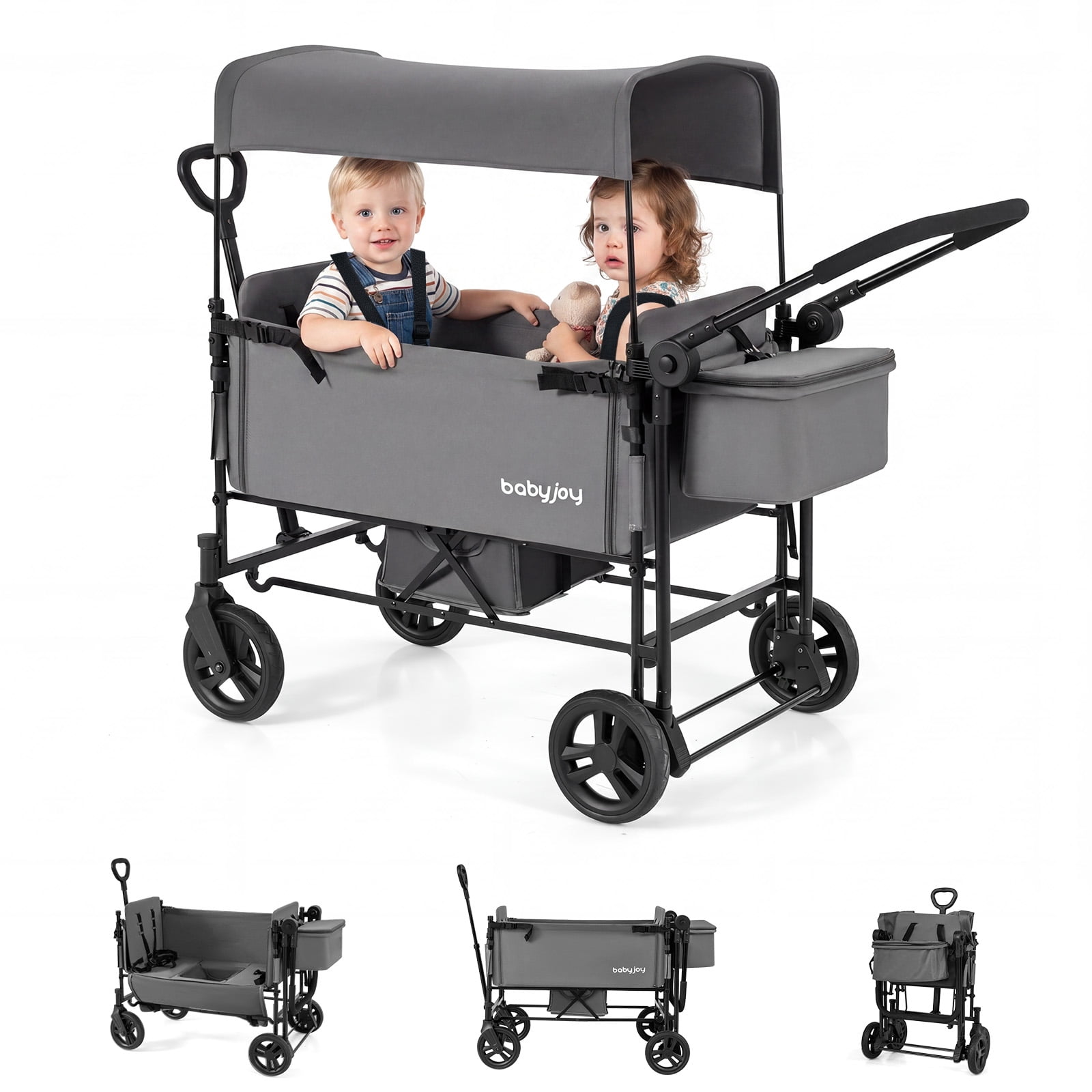 Babyjoy Foldable Wagon Stroller ,Baby Stroller with Removable Canopy,Adjustable Handle Gray