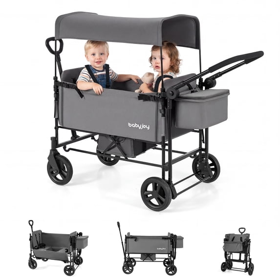 Babyjoy Foldable Wagon Stroller ,Baby Stroller with Removable Canopy,Adjustable Handle Gray