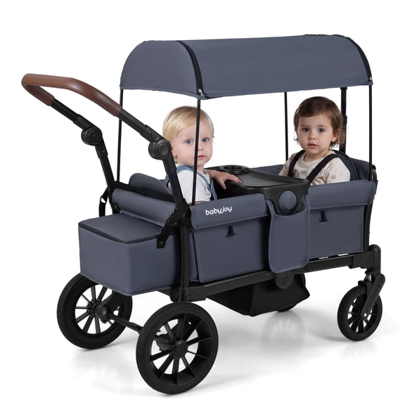 Costway Foldable Wagon Stroller for 2 Kids, Double Seater Toddler Stroller with Canopy Gray