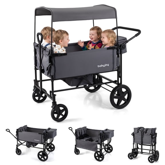 Babyjoy Foldable Wagon Stroller for 4 Kids with Removable Canopy, One-step Brake System Gray