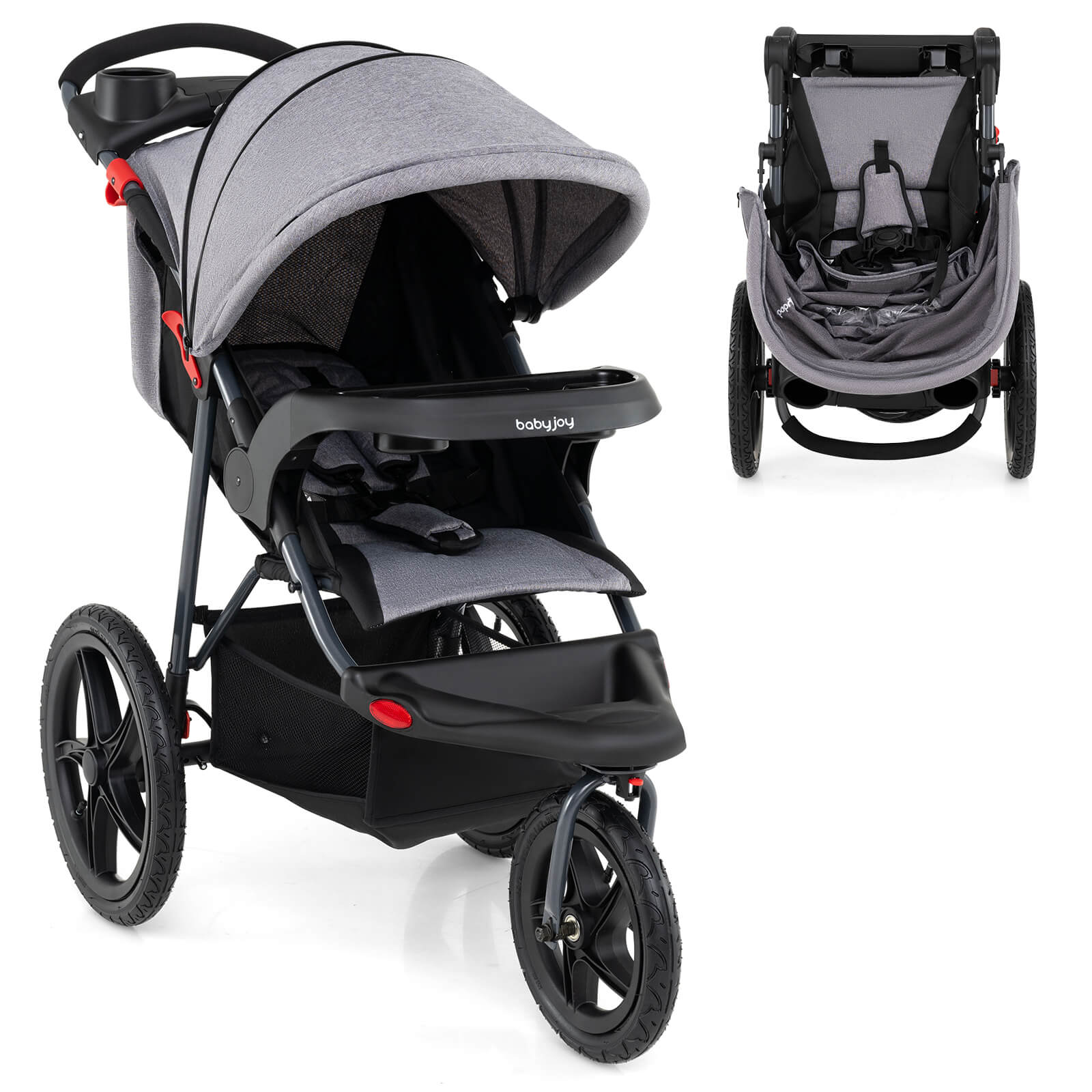 Babyjoy Jogging Stroller Foldable Jogger with Adjustable Canopy Detachable Tray Cup Holders Gray