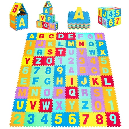 Costway Kids Foam Interlocking Puzzle Play Mat w/Alphabet & Numbers 72-Piece Set - Multi-Color