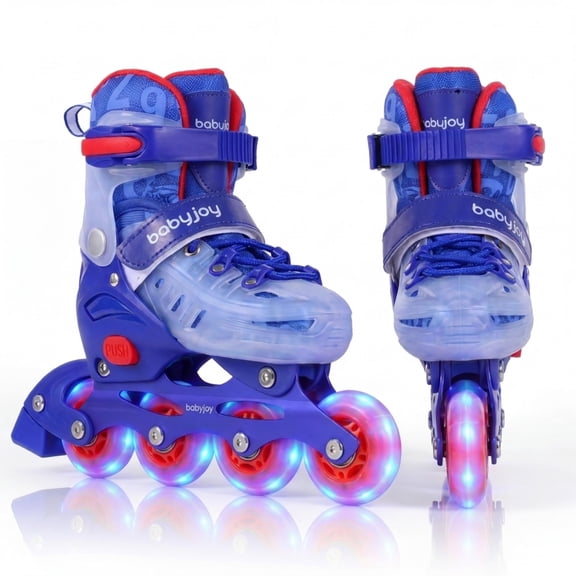 Babyjoy Kids Inline Skates for Boys Girls Ages 7-9, Adjustable 4 Sizes Roller Skates with Light Up Wheels, Brake & Safety Protection, Beginner Skating Gift for Indoor Outdoor Blue