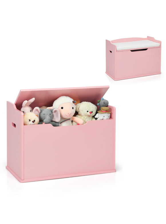 Babyjoy Kids Toy Box Wooden Flip-top Storage Chest Bench W/ Cushion Safety Hinge Pink