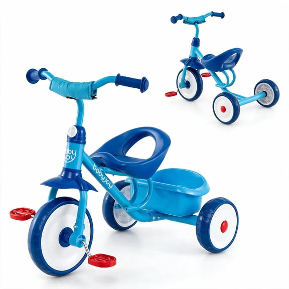 Babyjoy Toddler Tricycle with Removable Rear Storage Basket, Indoor Outdoor Toddler Bike Blue