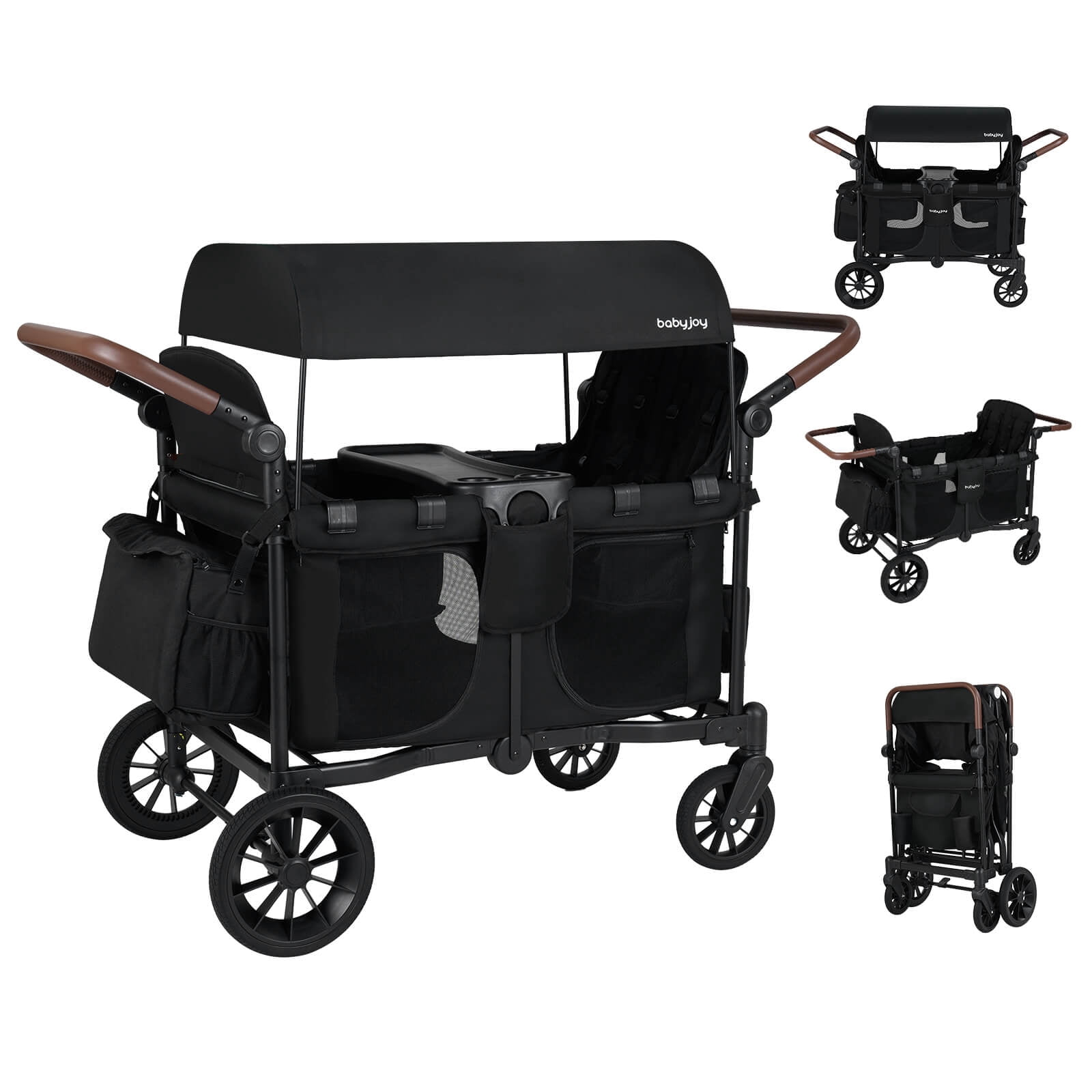 Costway Wagon Stroller, Foldable 4-Seater Push-Pull Toddler Stroller with Removable Canopy Black