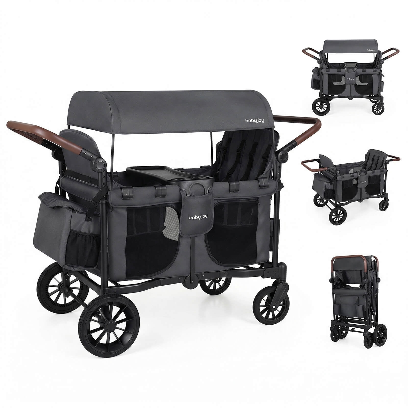 Costway Wagon Stroller, Foldable 4-Seater Push-Pull Toddler Stroller with Removable Canopy Gray