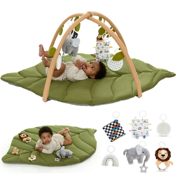 Babylicious Baby Play Gym & Activity Mat, Oversized Leaf Mat w/ 6 Toys, Tummy Time Mat for Motor Skills & Sensory Development