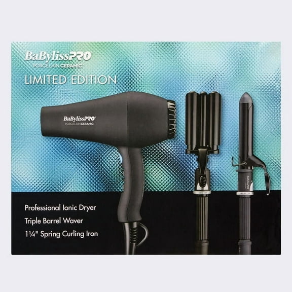 BaBylissPRO Porcelain Ceramic Limited Edition Hair Dryer, Triple Barrel Waver & Curling Iron Set