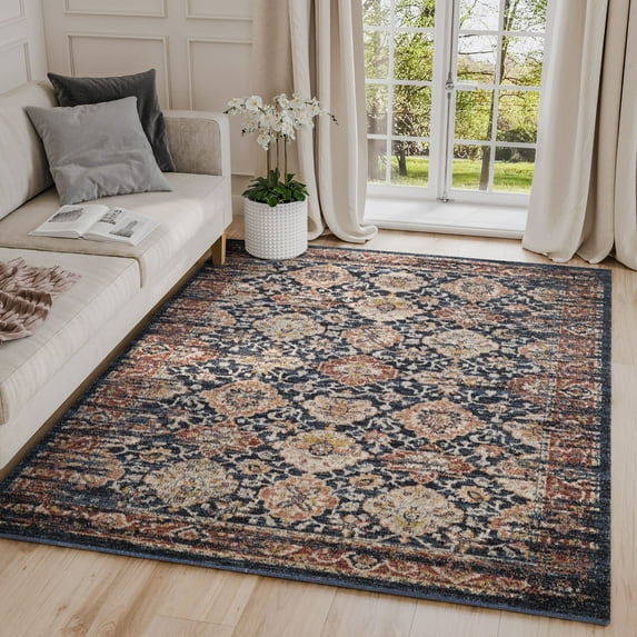 Babylon Vintage Navy Indoor Abstract Rug Multi 4' x 6' Latex Free 4' x 6' Bedroom