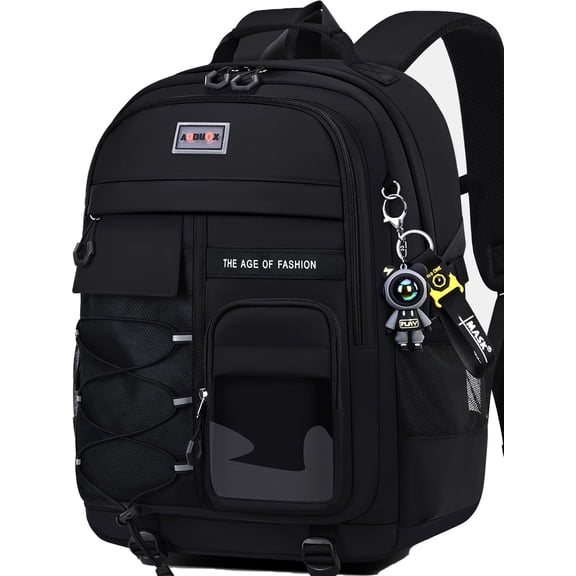 Ficcug School Backpack for 15.6" Laptop,Fashion Waterproof School Bag for Boys Girls Women Men Teens,Middle / High / College Bookbags,Black